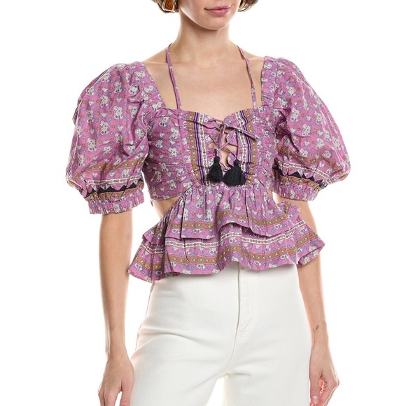 NWT Sea New York Perry Border Cut Out TassleTop Blouse Lilac Purple S - Picture 1 of 5